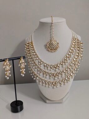 Gold & Pearl Layered Bridal Necklace Set with Maang Tikka
